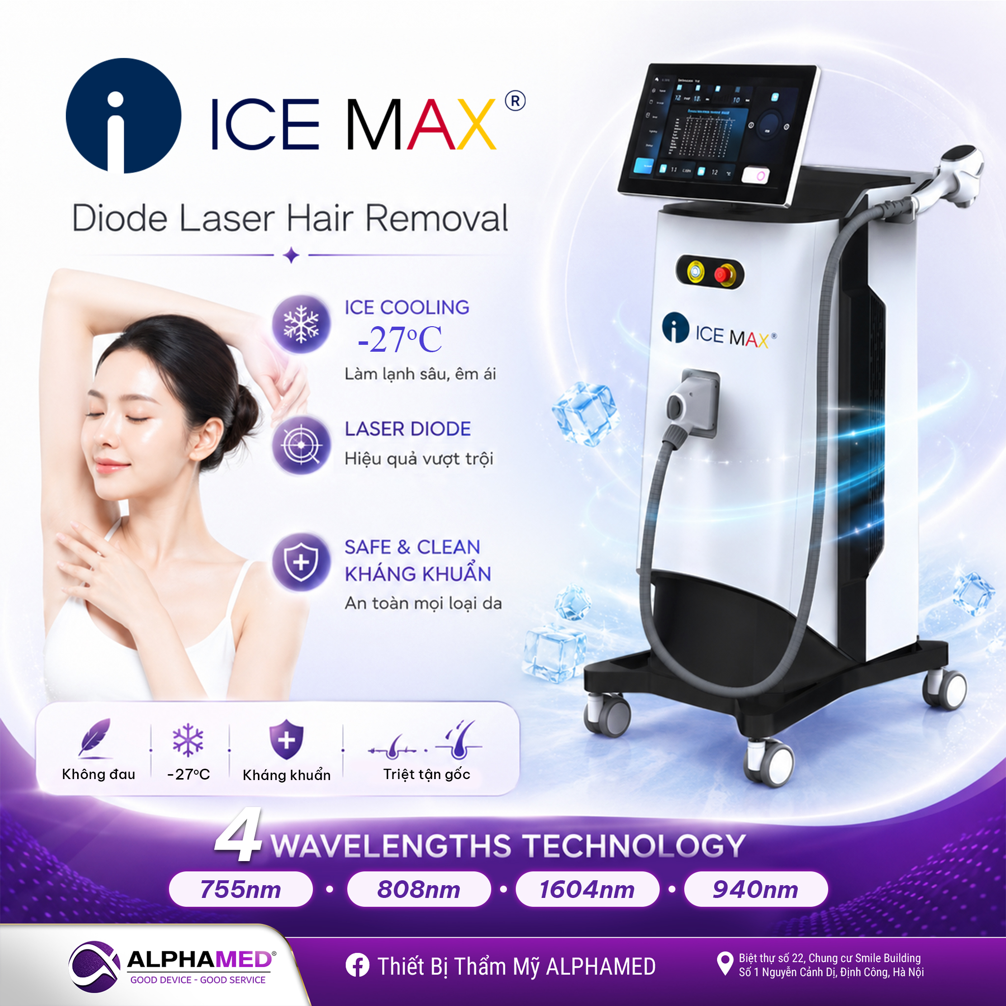 Máy Diode Laser triệt lông ICE-MAX không đau công nghệ làm lạnh sâu tại Alphamed