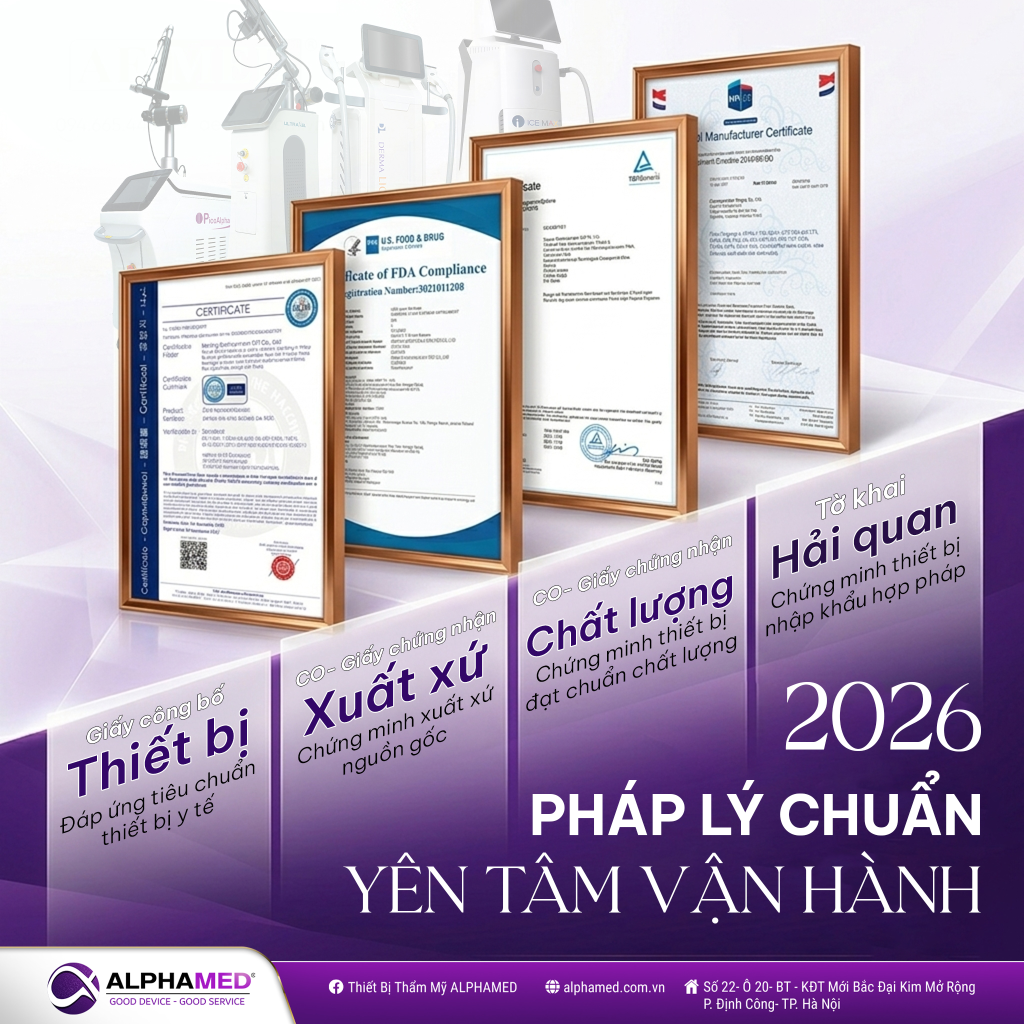 Thiết bị thẩm mỹ do AlphaMed cung cấp đều có nguồn gốc rõ ràng, đầy đủ chứng nhận