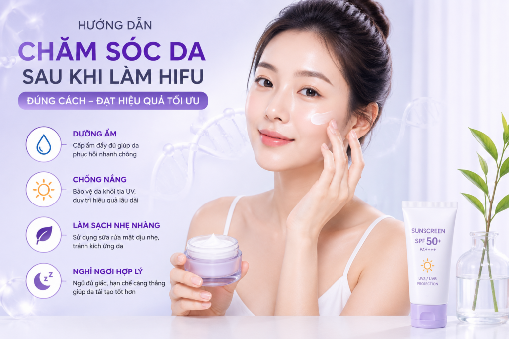 Chăm sóc da sau khi làm HIFU bằng cách dưỡng ẩm, chống nắng và làm sạch nhẹ nhàng giúp da phục hồi nhanh hơn.