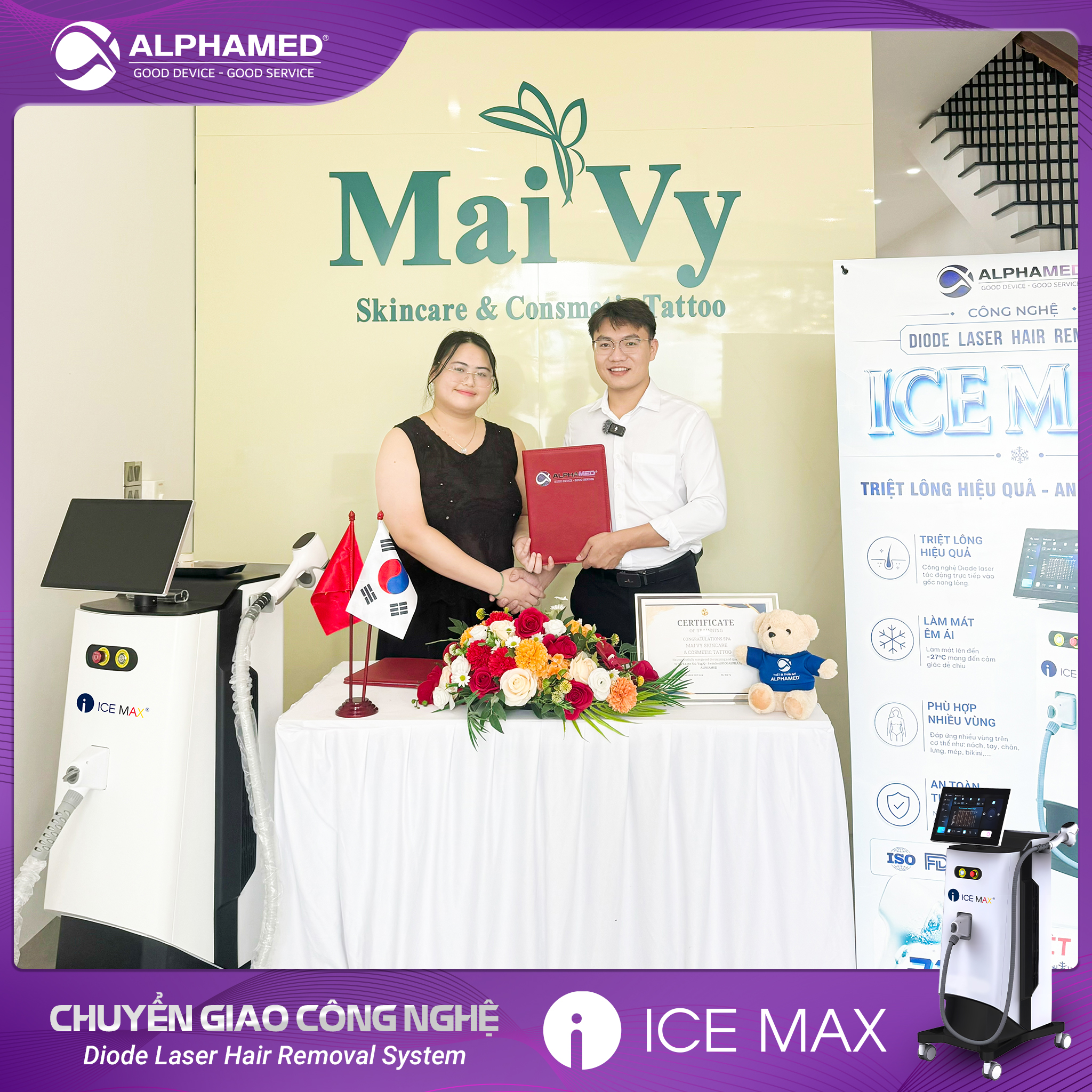AlphaMed chuyển giao máy triệt lông ICEMAX cho Spa Mai Vy tại Lạng Sơn, hướng dẫn vận hành và đào tạo công nghệ tận nơi.