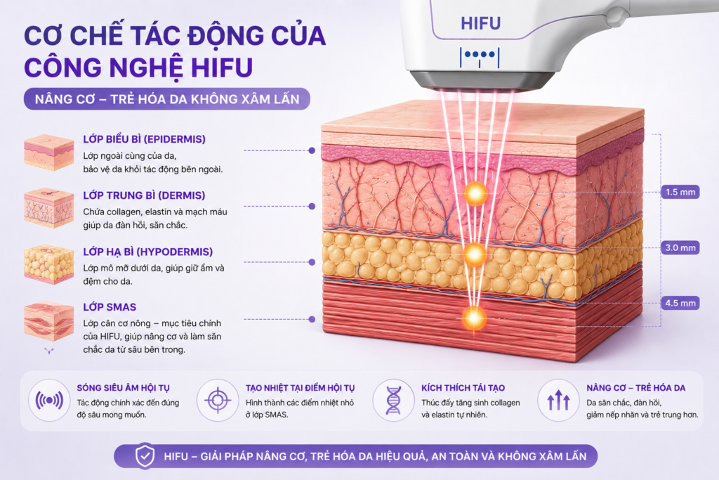 Hình ảnh mô phỏng cơ chế hoạt động của công nghệ HIFU tác động đến các lớp da, hỗ trợ nâng cơ và trẻ hóa không xâm lấn.