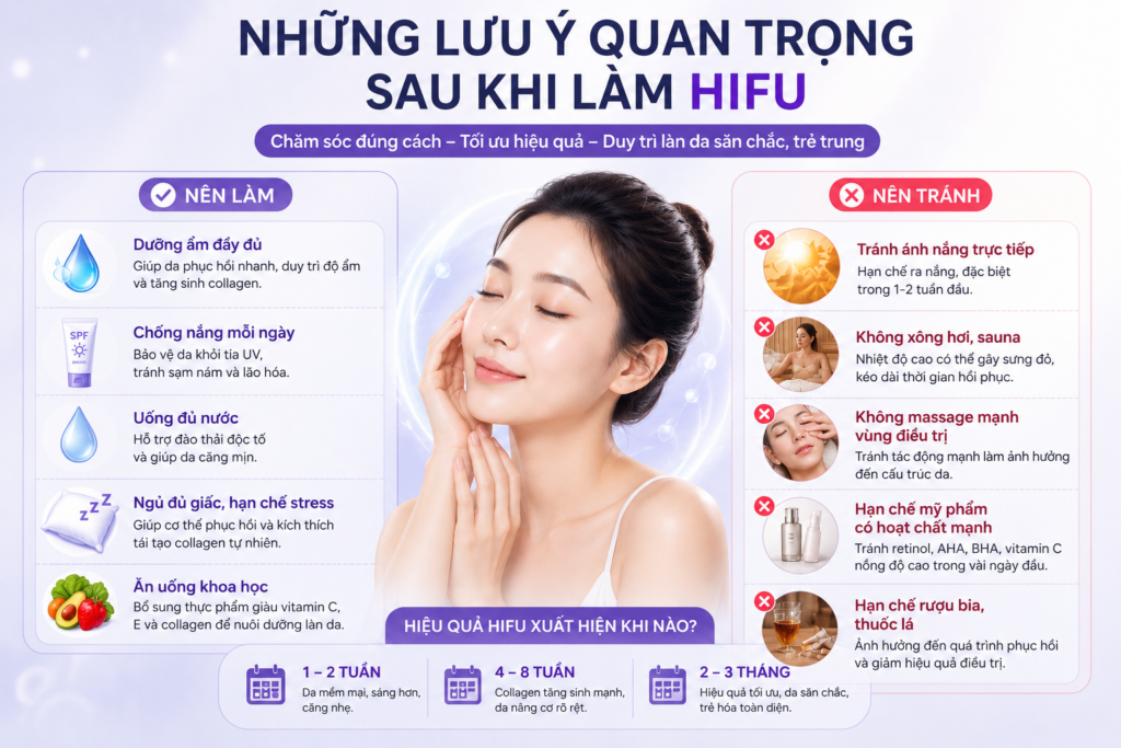 Hình ảnh hướng dẫn chăm sóc da sau khi làm HIFU với các lưu ý quan trọng như dưỡng ẩm, chống nắng, uống đủ nước và tránh ánh nắng trực tiếp nhằm giúp da phục hồi nhanh và duy trì hiệu quả trẻ hóa lâu dài.